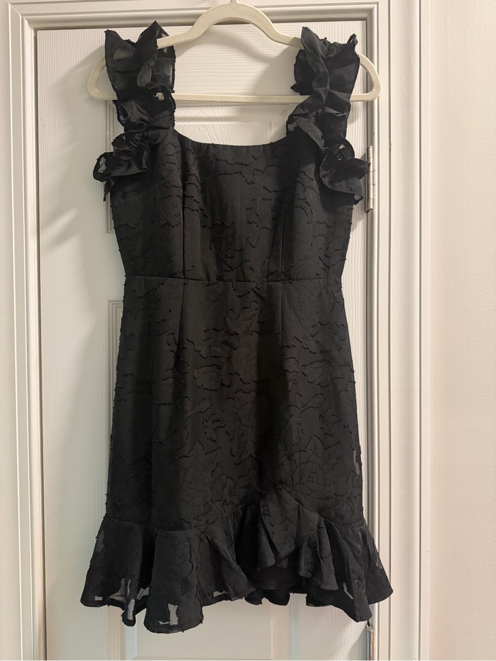 Angel Biba Black Ruffled Floral-Texture Mini Dress